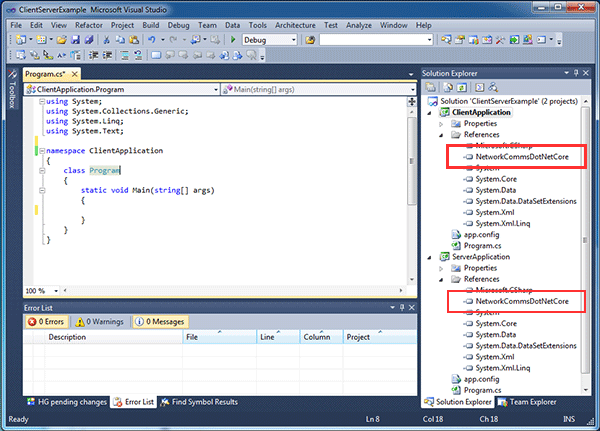 Visual studio solution containing the projects which now have references to the NetworkCommsDotNet Core DLL.