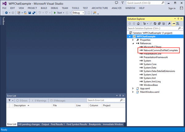 'WPFChatExample' WPF application containing a reference to the complete NetworkComms .Net DLL.