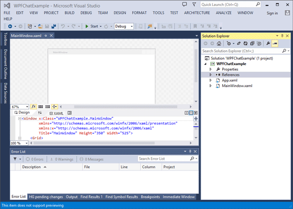The open 'MainWindow.xaml' file showing both 'Design' and 'XAML'.