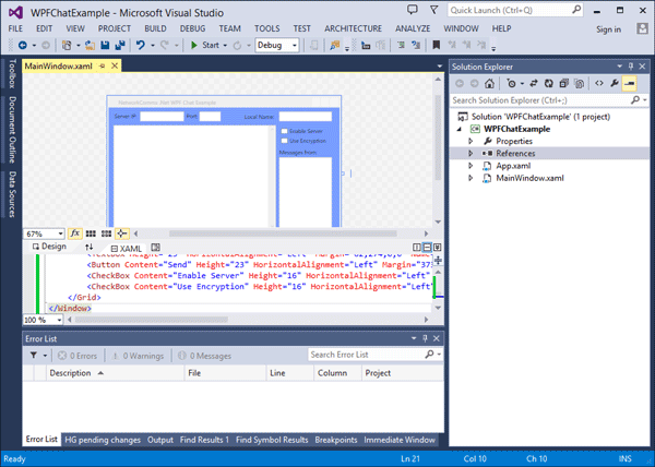 After Copy and Paste of the example xaml code the design window should now show the basic layout.